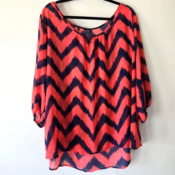 Orange Navy Blue Loose Fit Sheer Blouse Shortsleeve Puffy Sleeve Top Size 3X - Picture 3 of 10